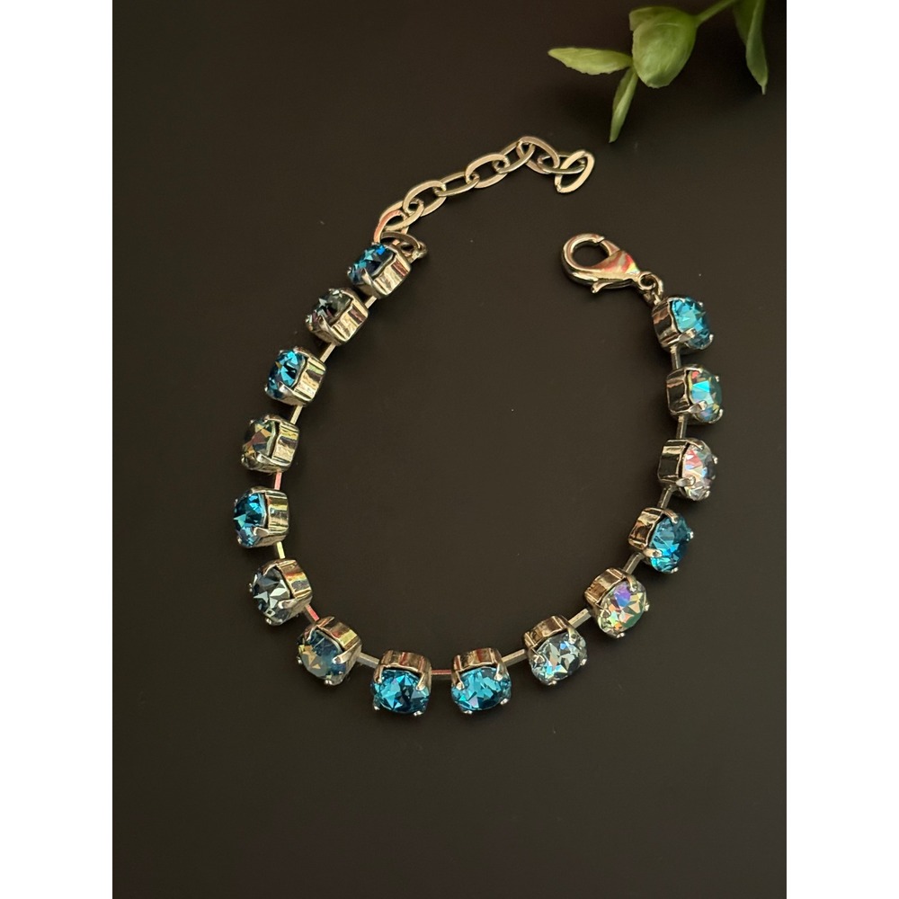 Blue Crystal Tennis Bracelet Silver Tone Adjustable 7-9 Inch Aurora Borealis - Picture 6 of 10
